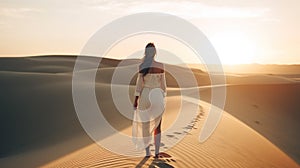 young woman from behind walking in sand dunes by sunset