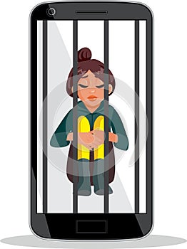 Young Woman Being Prisoner in the Online World Vector Illustration