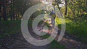 Young Woman on Bicycle Rides Along Green Forest Path in Summer Day, Slow Motion