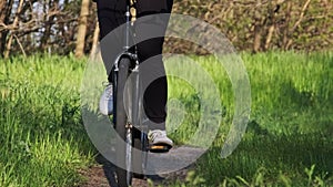 Young Woman on Bicycle Rides Along Green Forest Path in Summer Day, Slow Motion