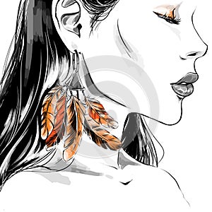Young woman with big earrings. Vector fashion illustration