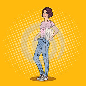 Young Woman in Big Jeans Happy of Dieting Results. Healthy Lifestyle. Pop Art illustration