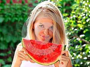 Young Woman with big slice Watermelon Berry fresh in hands Beautiful Smiling Face