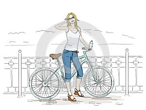 Young woman with bike sketch. Pretty girl in blue jeans