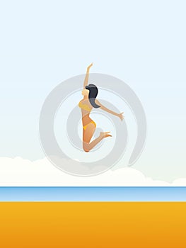 young woman in bikini jumps over beach vector cartoon. Summer holiday or vacation poster, leaflet, flyer template