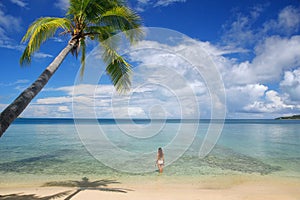 Young woman in bikini standing in clear water, Nananu-i-Ra island, Fiji