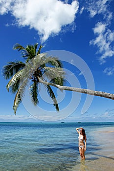 Young woman in bikini standing under palm tree at Makaha`a islan photo