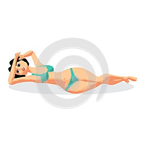 Young woman in bikini sunbathing lying on the beach