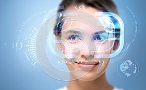 Young woman and biometric scanning, digital hologram with binary