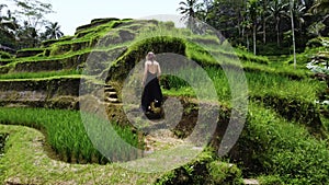 Young woman in black dress walks in rice terrace