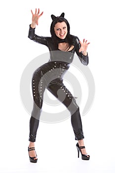 young woman in black full body pvc cat suit
