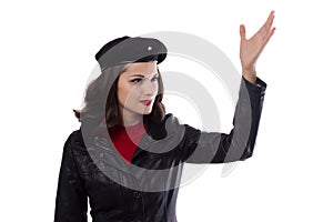 Young woman black jacket and hat, hand raised gesture with a reference to Ernesto Che Guevara on a white background photo