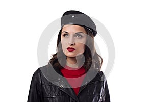 Young woman black jacket and hat with a reference to Ernesto Che Guevara on a white background photo