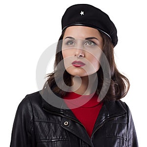 Young woman black jacket, red sweater and hat with a reference to Ernesto Che Guevara on a white background photo