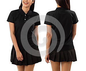Young woman in black polo shirt mockup isolated on white background with clipping path.