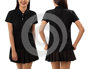 Young woman in black polo shirt mockup  on white background with clipping path.