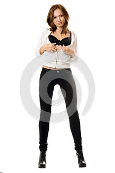 young woman in black tight jeans