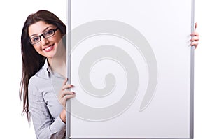 Young woman with blank board