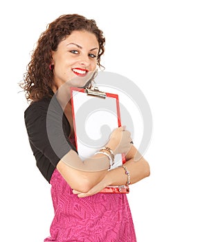 Young woman with blank clipboard