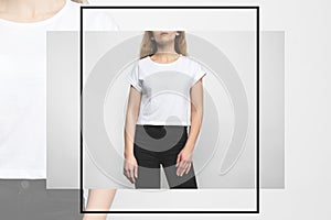 young woman in blank t-shirt on white