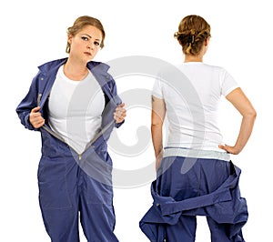 Young woman with blank white shirt and overalls