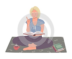 Young woman with blond hair sitting on the carpet and reading a book. Education hobby concept Vector illustration isolated on whit