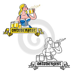 Young woman blowing foam from a beer mug - Oktoberfest text banner, ribbon. Illustration for poster or greeting card. Isolated.