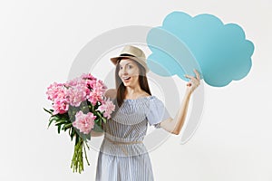 Young woman in blue dress, hat holding blank empty say cloud, speech bubble with place text, bouquet of pink peonies