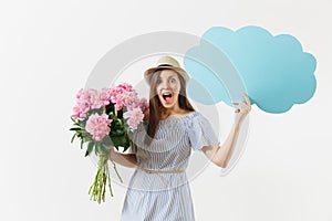 Young woman in blue dress, hat holding blank empty say cloud, speech bubble with place text, bouquet of pink peonies