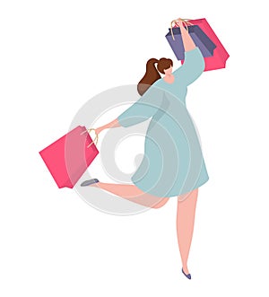 Young woman in blue dress joyfully shopping, holding multiple colorful bags. Happy shopper. Sale and consumerism vector