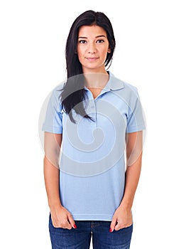 Young woman in blue polo shirt