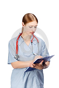 Young woman in blue surgical coat with red stethoscope and paper