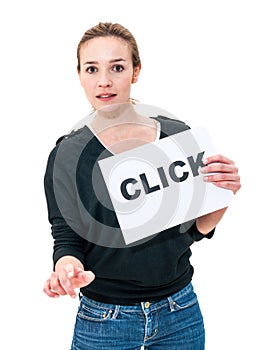 Young woman with board Click