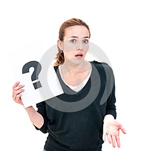 Young woman with board question mark sign