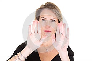 Young woman booth hands stop sign rejection pose