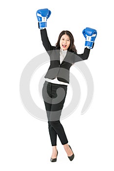 Young woman boxing gloves winning project