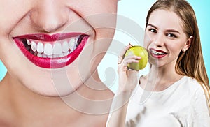 Young woman with brackets on teeth eating apple