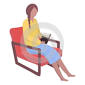 Young woman with braid reading book in modern armchair, casual outfit. Comfortable leisure time at home vector