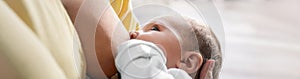 Young woman breast feeding her little baby, closeup. Banner design