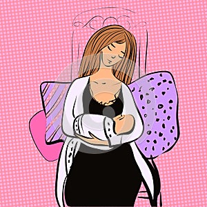 Young woman breastfeeding her baby, vector comics style motherhood illustration.