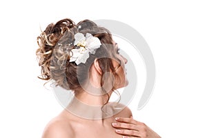 Young woman bride with beautiful hairstyle and stylish hair accessory, rear view. Isolated on white background.