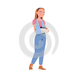 Young woman with broken arm. Girl feeling pain in body caused by injury cartoon vector illustration