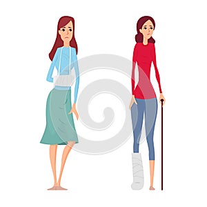 Young woman broken hand and leg vector illustration