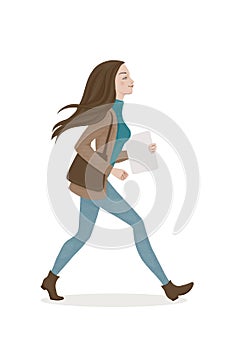 Young woman with brown hair in a blue trouses and brown coat with a bag. Walking girl. Vector illustration.