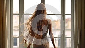 Young woman, brown hair, standing, looking through window, enjoying sunlight generated by AI