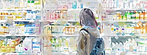 Young woman browsing the aisles of a well-stocked drugstore. Watercolor painting style.