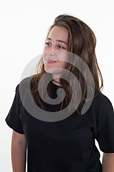 Young woman brunette long hair looking left side right on white background