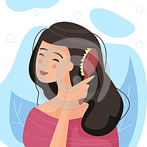 Young woman brushing healthy hair. Brush in hand. Flat cartoon