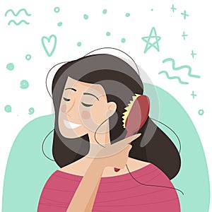 Young woman brushing healthy hair. Brush in hand. Flat cartoon