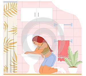 Young woman burping over toilet feeling vomiting and nausea photo